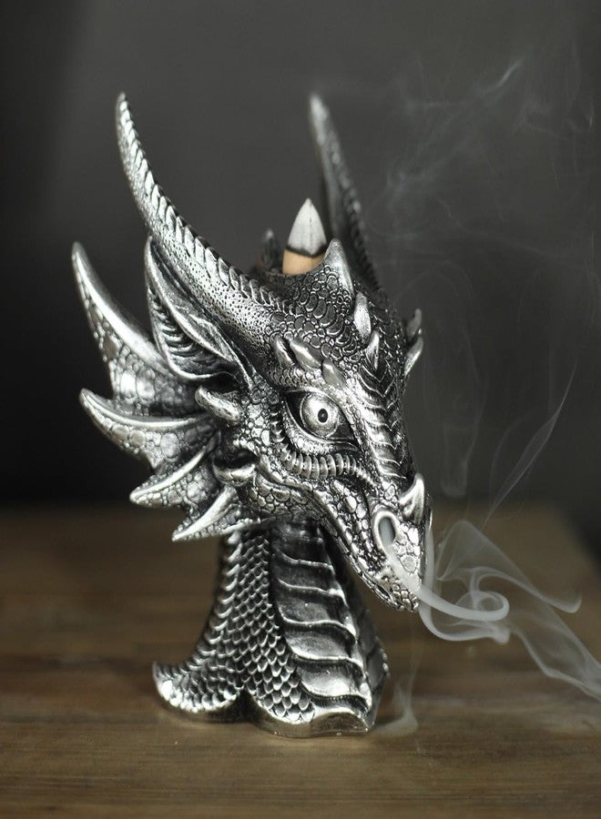 JORAE Breathing Dragon Head Figurine with Backflow Incense Burner Smoking Dragon Statue Gothic Collectible Sculptures Home Decor Table Aromatherapy, Polyresin, Silver - Image 1